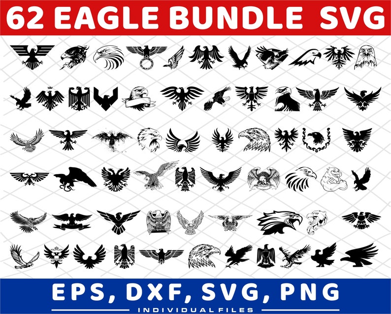 K&ouml;nnte beinhalten: Eine Sammlung von 62 schwarzen Adler-Designs auf wei&szlig;em Hintergrund. Die Designs variieren, darunter Silhouetten, detaillierte Illustrationen und heraldische Embleme. Der Text oben lautet "62 EAGLE BUNDLE SVG" und unten "EPS, DXF, SVG, PNG".