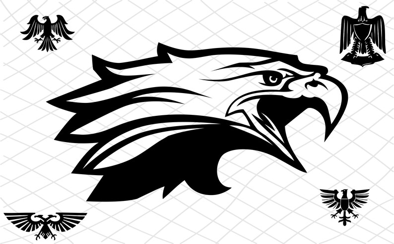 K&ouml;nnte beinhalten: Schwarz-wei&szlig;e Grafik eines Adlerkopfes mit ausdrucksstarkem Blick, detailliert dargestellt. Das Design beinhaltet mehrere kleinere Adlerembleme, geeignet f&uuml;r Logos oder Embleme.