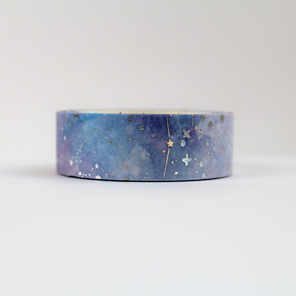 Silver Foil Constellation Washi Tape- Silver Stars Deco Tape- Cosmos Masking Tape in Pastel Colors