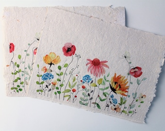 Pack de papier fait à la main de fleurs sauvages colorées - Ensemble de papier fait à la main pour scrapbooking - Illustration de prairie - Stationnaire fait à la main