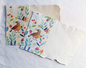 Bel ensemble de papier fait main aquarelle- Papeterie faite à la main- Floral et fruits avec papier fait main d’oiseau- Papier d’écriture nature mignon