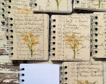 Handcrafted Mini Notebook: Vintage French Ledger, Floral Accent