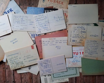Tarjetas de radioaficionado: yugoslavas, vintage, de diario, collage, técnica mixta