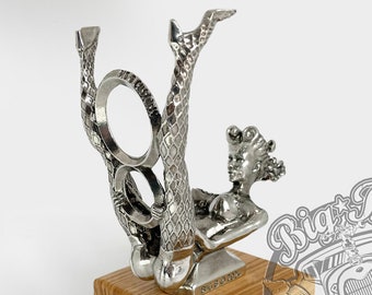V8 Girl Hood Ornament: Pewter Pinup, Rat Rod Sculpture