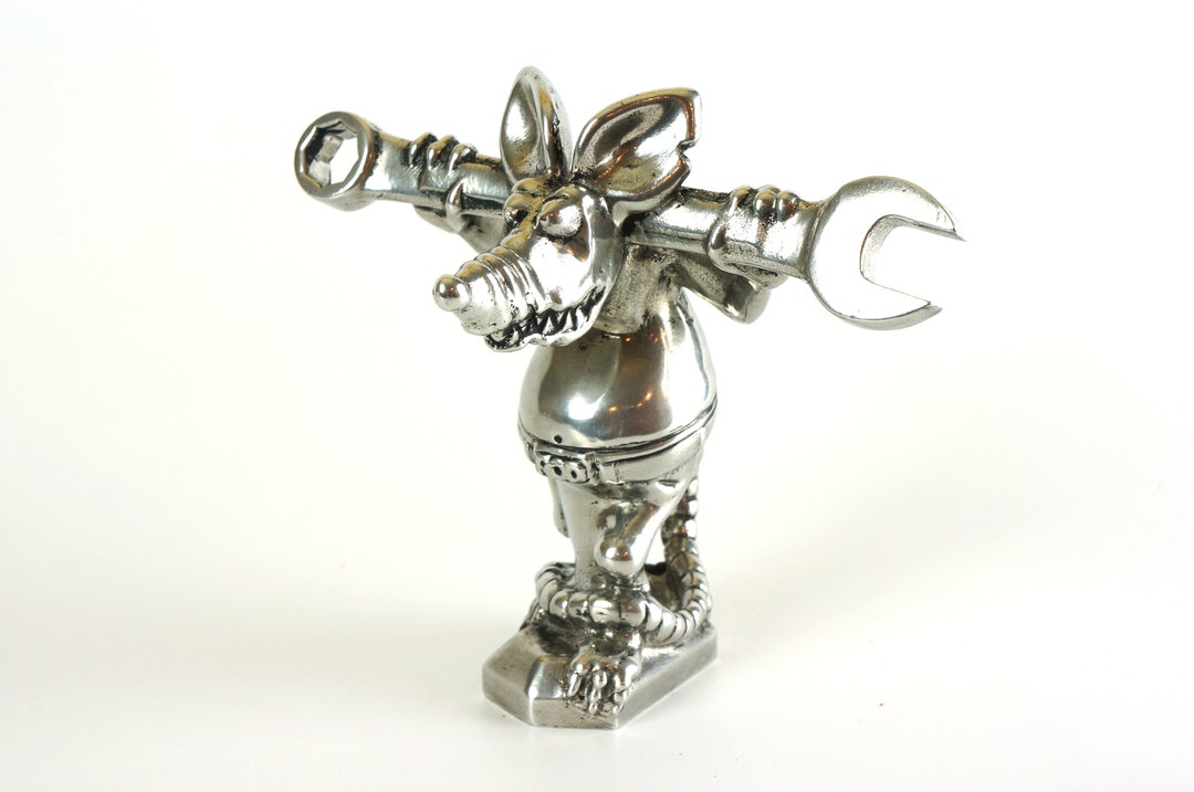 Metal Rat Fink Style Hood Ornament, Rat Rod Mechanic, Pewter