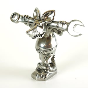 Rod the Rat Mechanic, ALL METAL, Rat Rod / Hot Rod Hood Ornament. Homage to Rat Fink. Relaxing with wrench ready for work, Classic Style.