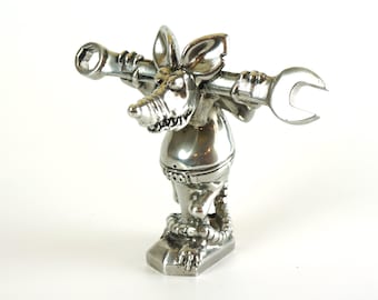 Metal Rat Fink Style Hood Ornament, Rat Rod Mechanic, Pewter Finish