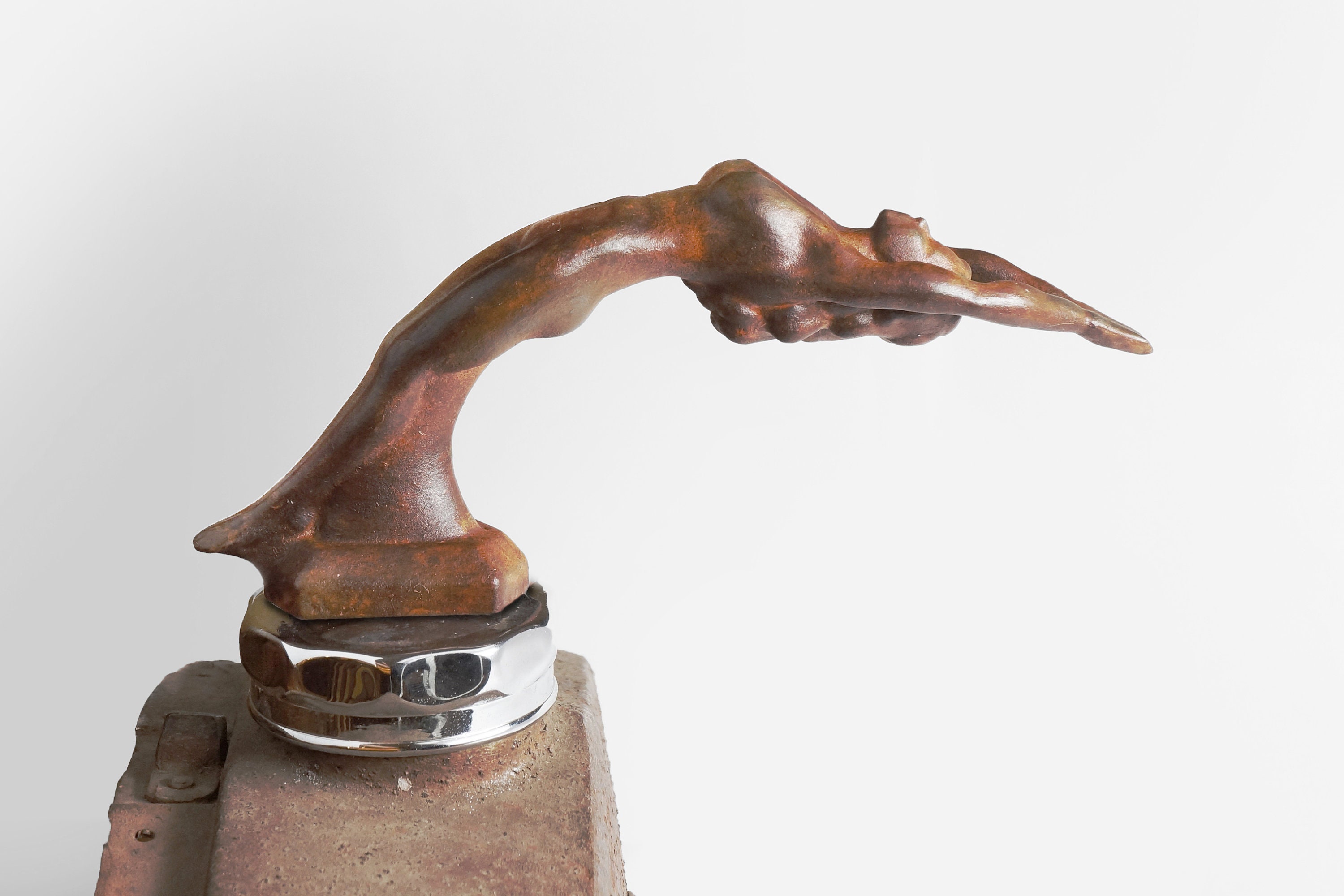 Nude Hotrod Hottie Backdive, Rat Rod / Hot Rod Hood Ornament. Real rust finish.