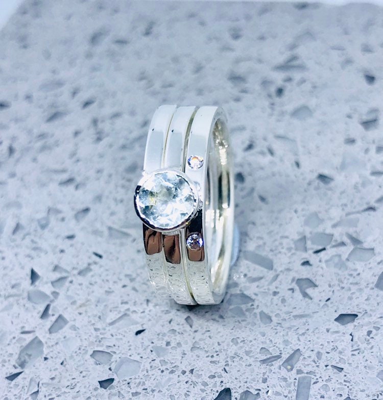 Sterling silver aquamarine three ring bridal set.Three ring Etsy
