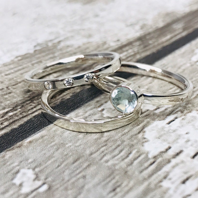 Sterling Silver Aquamarine Three Ring Bridal Set.three Ring Etsy