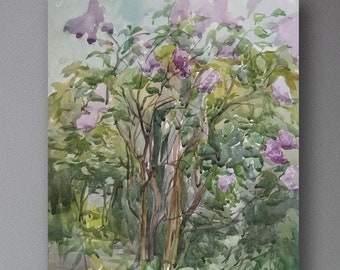 Watercolor original painting, Lilac bush, Watercolor flowers, Painting on paper, Original Watercolor Art, Large Watercolor, expressionism