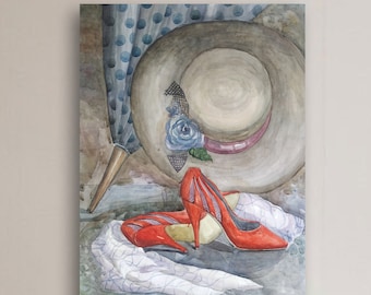 Watercolor original painting, Still life with red shoes, hat and umbrella, Painting on paper, Original Watercolor Art, Large Watercolor