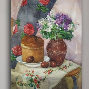 Bodegón floral en acuarela: arte tradicional de Pascua