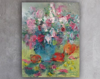 Summer flowers and fruits, Original painting, Original gift, Painting on canvas, Floral canvas art, Colorful palette, Impasto painting