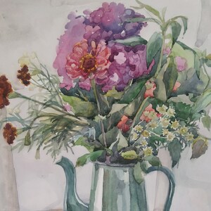 Original Watercolor Painting: Summer Flowers in Teapot