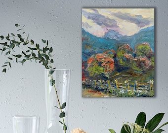 Miniature Mountain Oil Painting: Impressionist Landscape Art