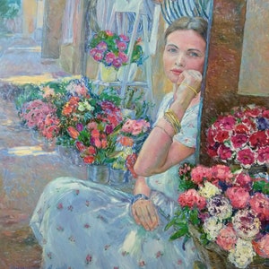 Original Oil Painting: Flower Seller, Impressionist Art