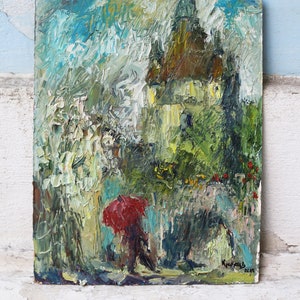 Óleo de papelão, óleo de cartão duro, chuva de primavera na cidade velha, arte moderna de parede, expressionismo, pequena pintura, arte de textura, pintura impasto