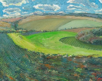 May include: A painting of a landscape with rolling green hills and a blue sky with white clouds. The hills are painted with thick brushstrokes, giving the painting a textured look.