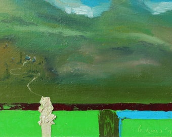 May include: An abstract painting with a green, blue and brown colour scheme. The painting features a landscape with a winding path and a small village in the distance. The bottom of the painting has a horizontal stripe of green, brown and blue.