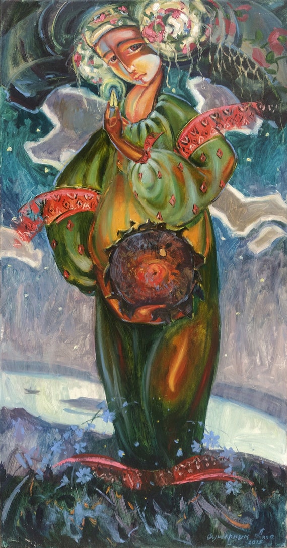 Original Impasto Oil Painting: Pregnant Girl With Sunflower - Etsy