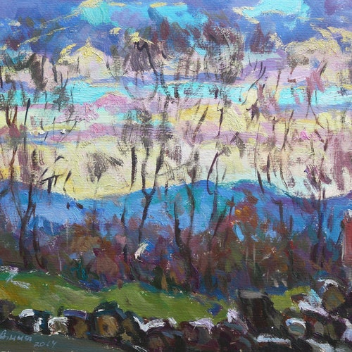 Oil painting on paper, Sunset in the mountains, mountain landscape, impasto painting, work on the plein air, Original shops painting, Oil painting