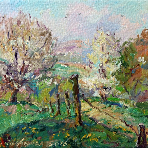 Original small painting, tiny painting, impasto painting, mini landscape,spring landscape,wall decor, texture art, canvas art, expressionism