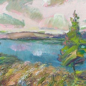 Oil Painting, Mountain landscape, Beautiful nature, Herbs on the lake, Wall decor, Expressionism, Painting on canvas, impasto painting,