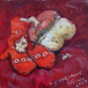 Natura morta con guanti e zucca, natura morta di Natale, Pittura ad olio su carta, Pittura rossa, impressionismo, Pittura colorata, Belle arti
