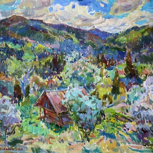 mountain landscape, Kitchen decor, Wall decor, Expressionism, Painting on canvas, impasto painting, Oil art, Living Room Art