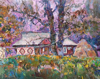 Autumn landscape with a house, Landscape, Painting on canvas, Oil painting, Large painting, Texture art, House in the mountains