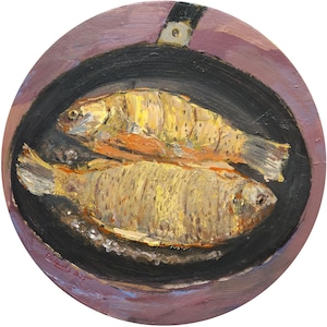 Painting original, Fried fish, Acrylic painting, Creating painting, Acrylic on canvas, round Painting, Painting with fish, Picture with food