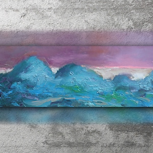 Paesaggio montano, pittura impasto, pittura ad olio, espressionismo, tavolozza colorata, arte murale moderna, appeso a parete, arte della tela floreale