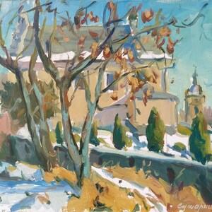 Original Oil Painting: Winter Cityscape, Old Temple Landscape