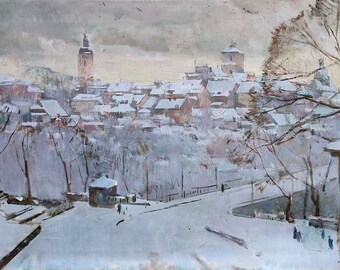 Oil painting, City Portrait, Old Europe, Urban architecture, Evening city , Painting on canvas, Original gift, Winter city, Christmas
