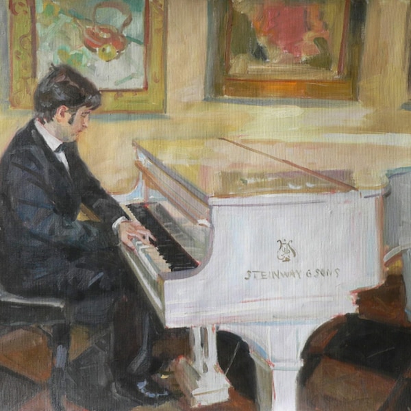 Original Oil painting, Music and paintings, White grand piano, Pianist, Large painting, Impasto painting, Realism,Thematic composition