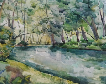 Watercolor original painting, Watercolor landscape with river,summer landscape, Painting on paper, Original Watercolor Art, expressionism