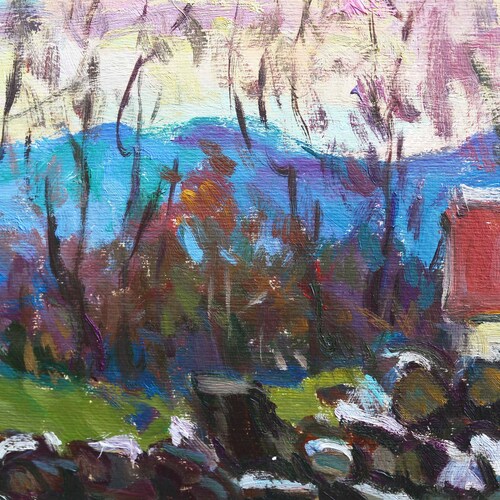 Oil painting on paper, Sunset in the mountains, mountain landscape, impasto painting, work on the plein air, Original shops painting, Oil painting