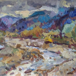Painting of a mountain river, Mountain landscape, Wall decor,Expressionism, Painting on canvas, impasto painting, Oil art, Autumn landscape
