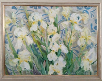 Malerei mit Iris, Blumen Kunst, bunte Palette, Floral Leinwand Kunst, Original-Gemälde, Ölgemälde, Impressionismus, Malerei mit Blumen