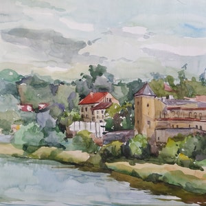 Pintura de acuarela original: Paisaje fluvial europeo expresionista