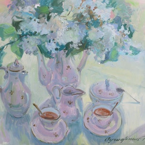 Pittura ad olio su carta, Natura morta Tè del mattino, Arte dei fiori, lavoro all'aria pleina, Pittura con fiori, Regalo originale, Pittura originale