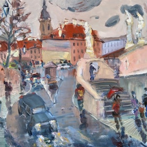 Urban Oil Painting: Cityscape Architecture, Original Canvas Art