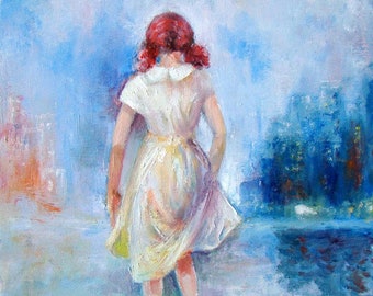 Beach Girl: Small original portrait oil painting, redheaded woman in white dress at waterfront, one of a kind art