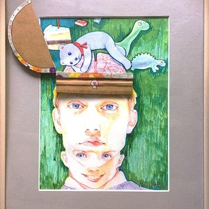 Inner Child: Small framed original mixed media drawing, adult man thinking about his childhood as a kid, one of a kind art