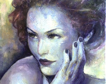 Face in Purple: Small original portrait oil painting, woman painted in purple and yellow, one of a kind art