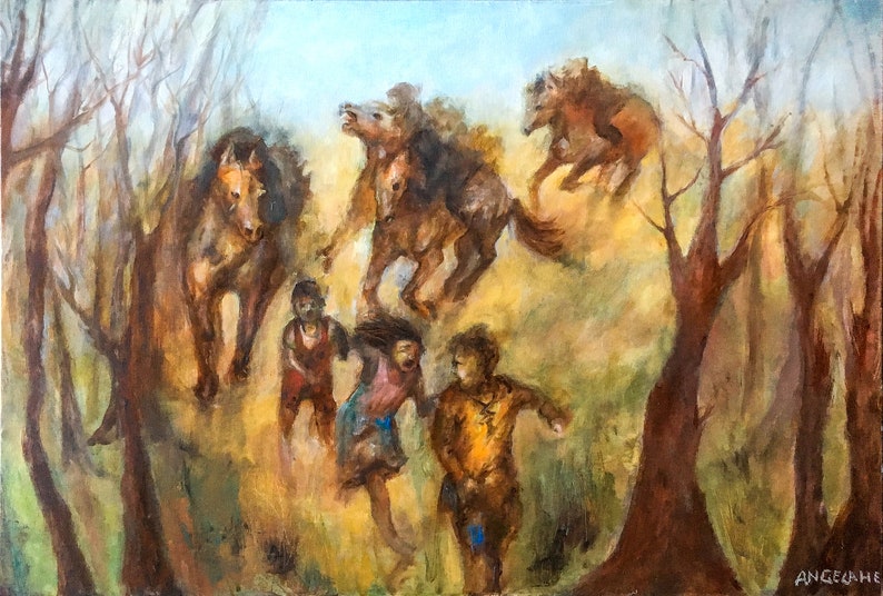 The Chase: Large original oil painting cowboys on horses chase after children in woods fantasy horror countryside art one of a kind