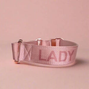 May include: A light pink woven fabric collar featuring the word LADY embroidered in a matching pink thread. The collar includes metallic rose gold hardware, including a sliding adjuster and a D-ring for attachment, with a durable stitched construction.