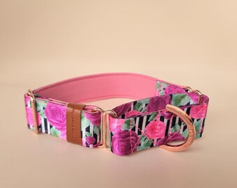 Martingale Dog Collar: Floral Rose Stripe Pattern (Pink Padded, Multiple Sizes)