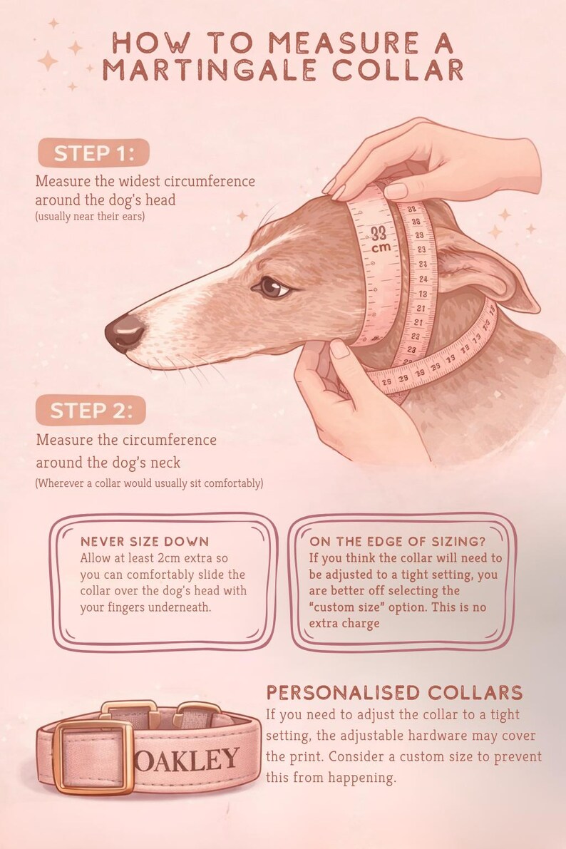 The image is a step-by-step guide on how to measure a martingale collar for a dog. It includes illustrations and instructions on measuring the collar around the dog's head and neck, as well as adjusting the collar to fit the dog's size.